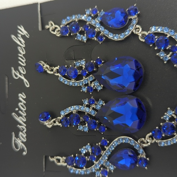 Blue and Silver Rhinestone Necklace and Earrings Set - Picture 2 of 3